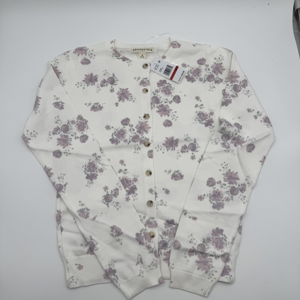 Aeropostale Floral Crew Cardigan Sweater XS Ivory Lilac NWT